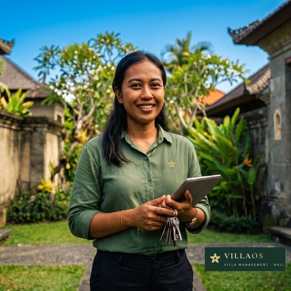 VillaOS host at a Bali villa holding a tablet and villa keys