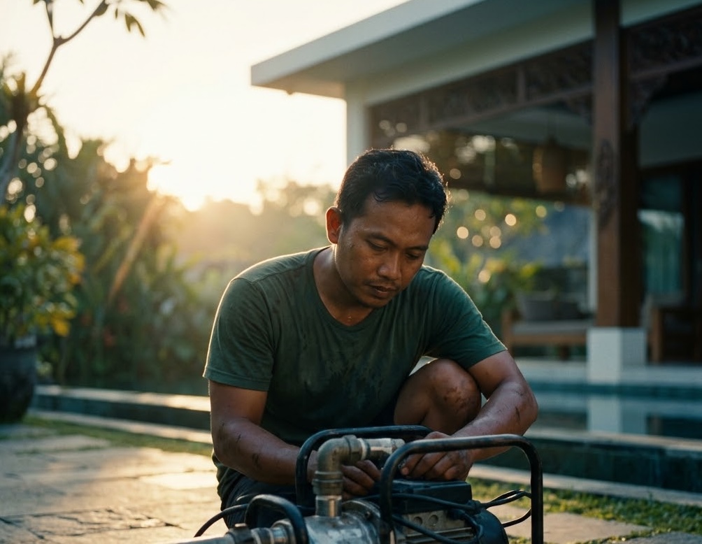 Technician repairing villa pool equipment