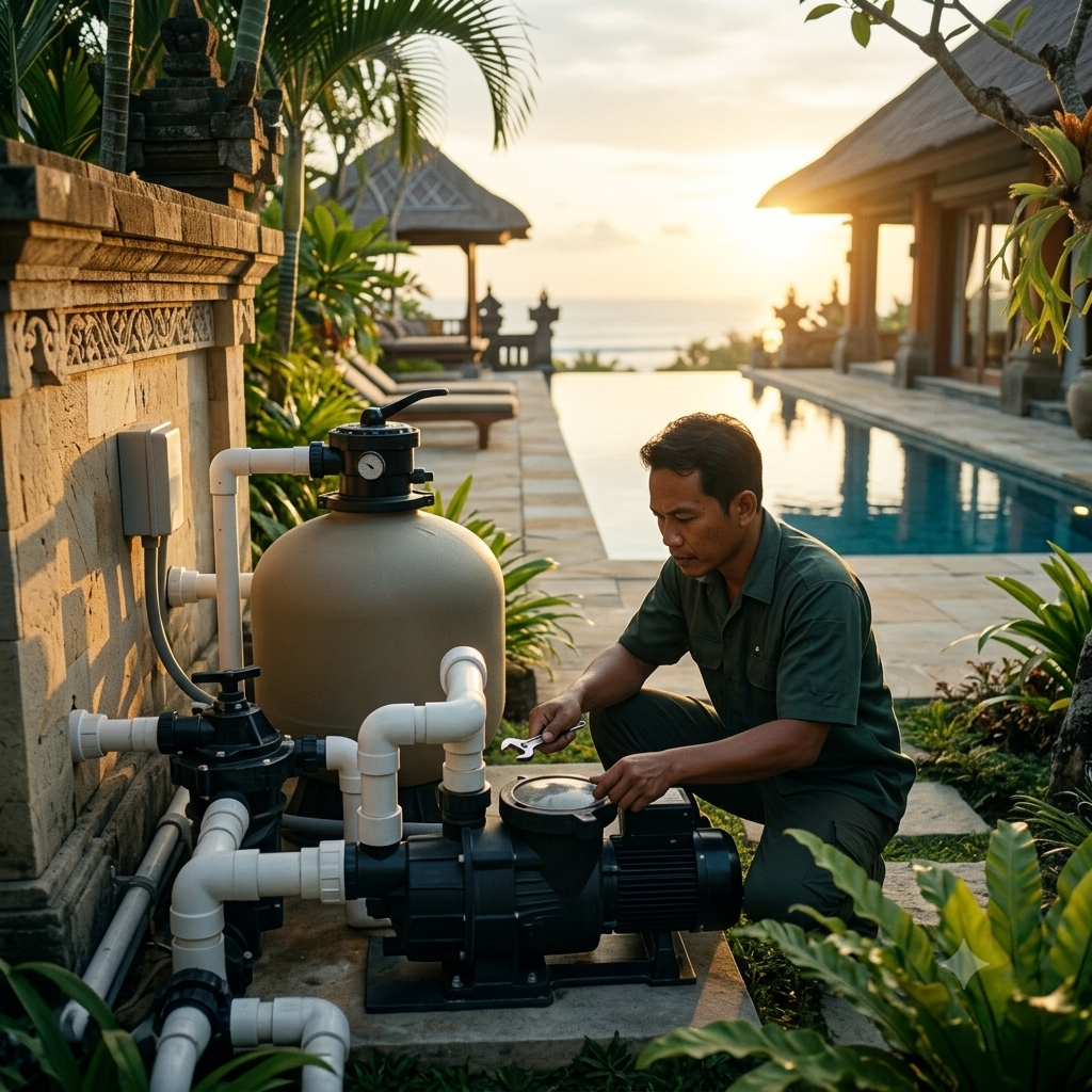 Pool technician maintaining a Bali villa pool system at sunset